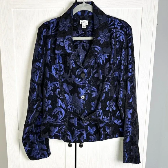 Vintage 90s Gail Morgado Womens Blue Black Floral Damask Brocade Blazer size L - Picture 1 of 9